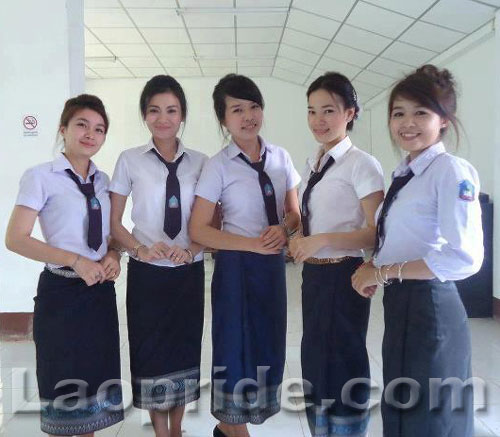 Lao female students posing for the camera