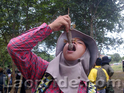 Lao boy eating a lizard