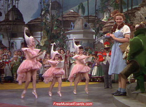 Judy Garland and the Munchkins in The Wizard of Oz