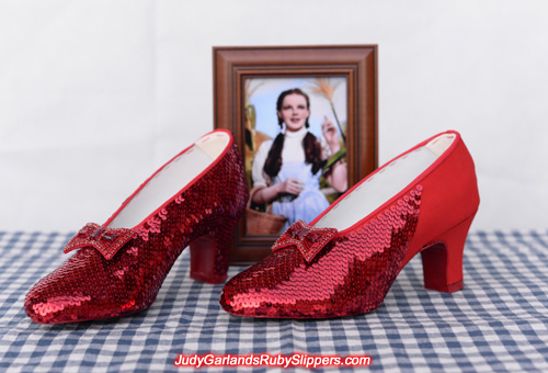 Beautiful sewing the sequins on Judy Garland's ruby slippers