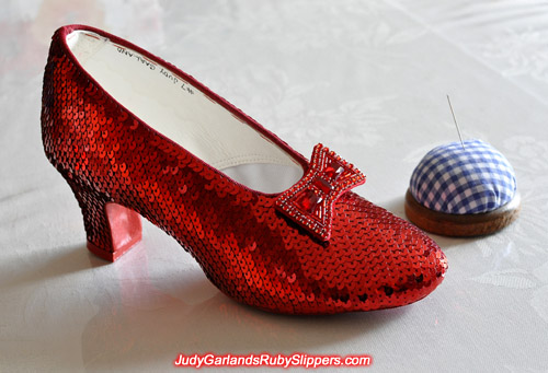 One shoe is done, one to go to complete Judy Garland's ruby slippers