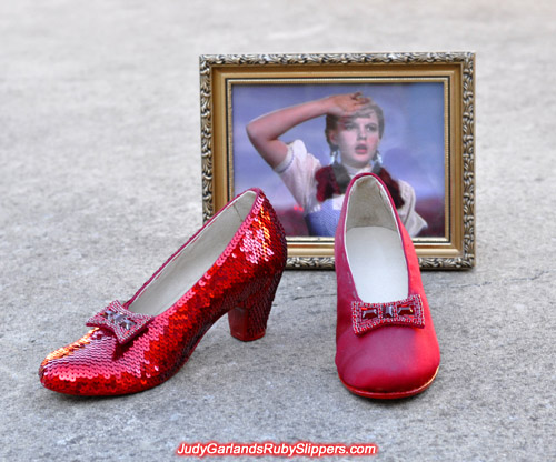 One shoe is sequined for Judy Garland's ruby slippers