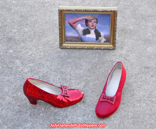 One shoe is sequined for Judy Garland's ruby slippers