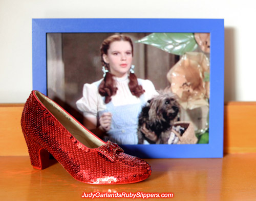 Sewing on the right shoe of Judy Garland's ruby slippers is finished