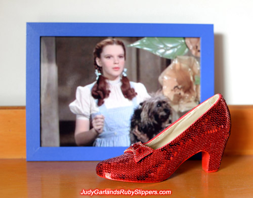 Sewing on the right shoe of Judy Garland's ruby slippers is finished