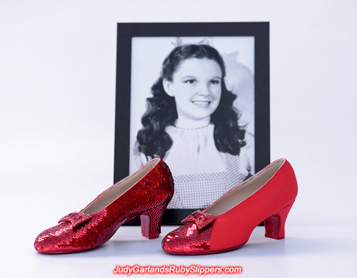 Stitching work has commenced on the left shoe of Judy Garland's ruby slippers