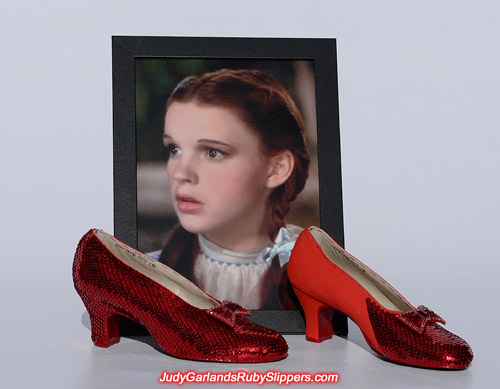 Stitching work has commenced on the left shoe of Judy Garland's ruby slippers