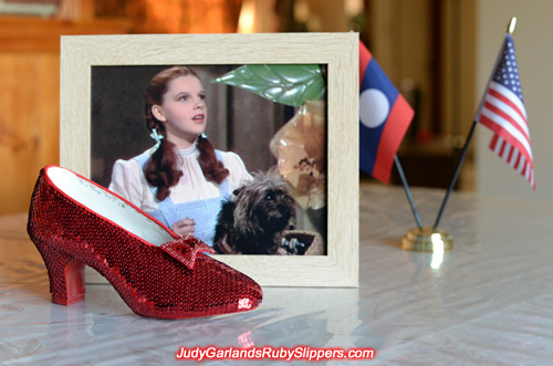 The right shoe of Judy Garland's ruby slippers is done