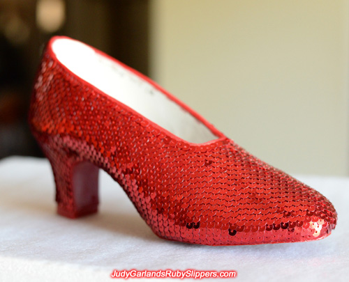 The right shoe of Judy Garland's ruby slippers is done