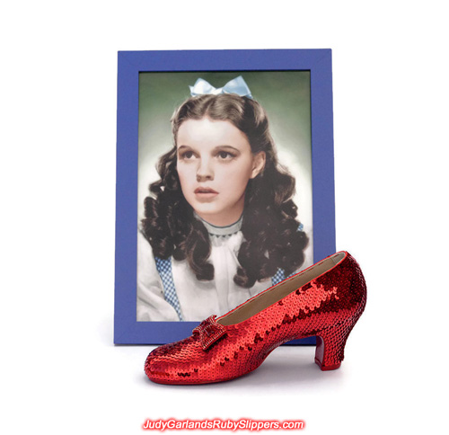 The right shoe of Judy Garland's ruby slippers is fully covered with sequins