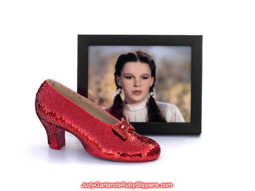 The right shoe of Judy Garland's ruby slippers is fully covered with sequins