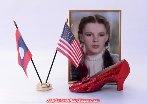The right shoe of Judy Garland's ruby slippers is slowly taking shape
