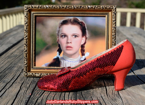 The right shoe of Judy Garland's ruby slippers is slowly taking shape