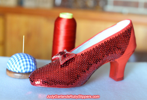 The right shoe of Judy Garland's ruby slippers is taking shape