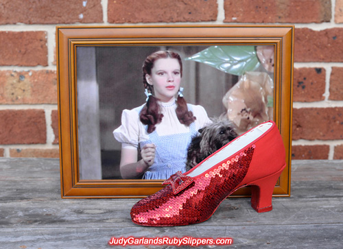 The right shoe of Judy Garland's ruby slippers is taking shape