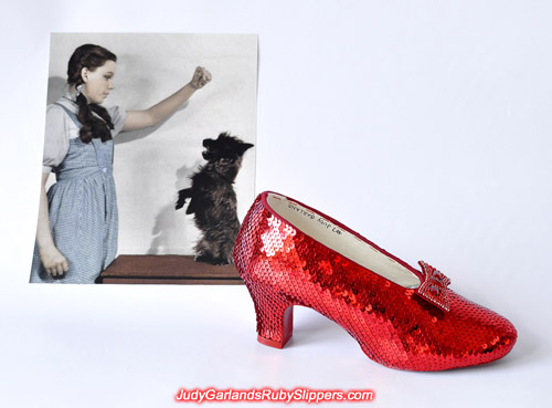 The right shoe of the ruby slippers is covered with sequins