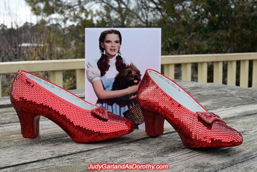 A masterpiece ruby slippers made by JudyGarlandsRubySlippers.com