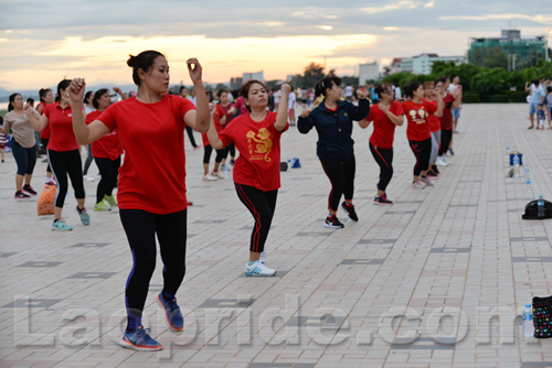 Aerobics on Mekong riverside in Vientiane, Laos