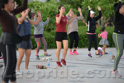 Aerobics on Mekong riverside in Vientiane, Laos