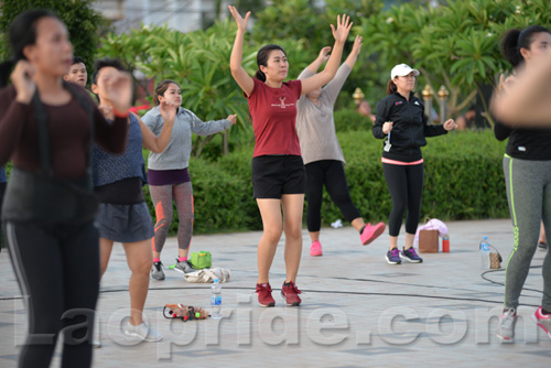 Aerobics on Mekong riverside in Vientiane, Laos