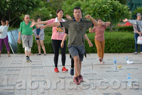 Aerobics on Mekong riverside in Vientiane, Laos