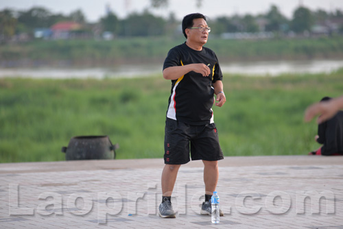 Aerobics on Mekong riverside in Vientiane, Laos