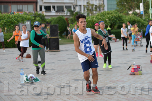 Aerobics on Mekong riverside in Vientiane, Laos