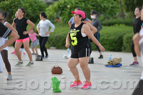 Aerobics on Mekong riverside in Vientiane, Laos