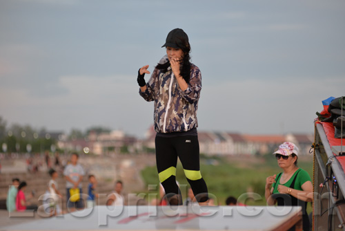 Aerobics on Mekong riverside in Vientiane, Laos