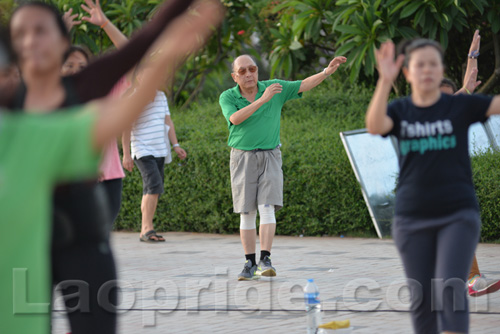 Aerobics on Mekong riverside in Vientiane, Laos