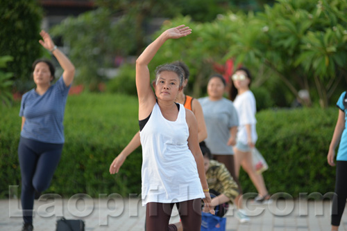 Aerobics on Mekong riverside in Vientiane, Laos