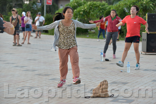 Aerobics on Mekong riverside in Vientiane, Laos