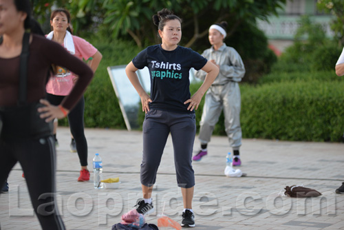 Aerobics on Mekong riverside in Vientiane, Laos