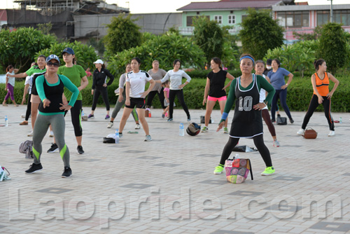 Aerobics on Mekong riverside in Vientiane, Laos