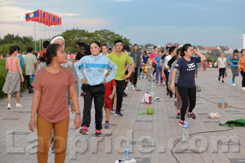 Aerobics on Mekong riverside in Vientiane, Laos