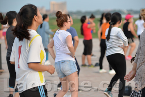 Aerobics on Mekong riverside in Vientiane, Laos