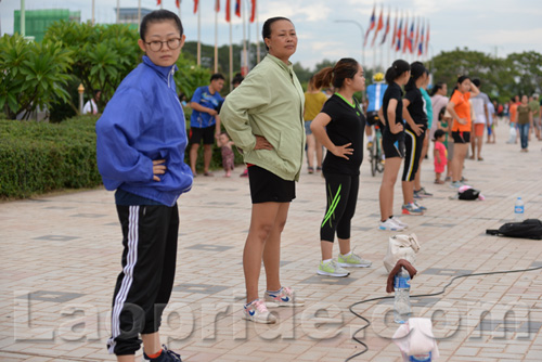 Aerobics on Mekong riverside in Vientiane, Laos