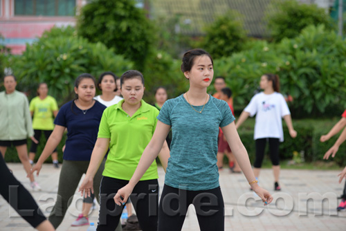 Aerobics on Mekong riverside in Vientiane, Laos