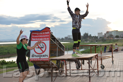 Aerobics on Mekong riverside in Vientiane, Laos