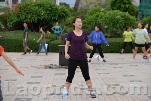 Aerobics on Mekong riverside in Vientiane, Laos