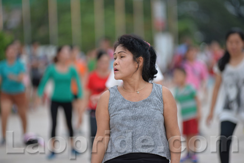 Aerobics on Mekong riverside in Vientiane, Laos