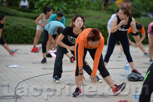 Aerobics on Mekong riverside in Vientiane, Laos