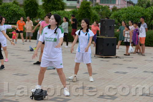 Aerobics on Mekong riverside in Vientiane, Laos