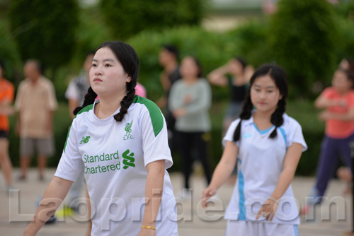 Aerobics on Mekong riverside in Vientiane, Laos