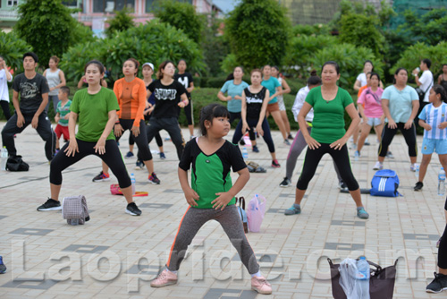 Aerobics on Mekong riverside in Vientiane, Laos