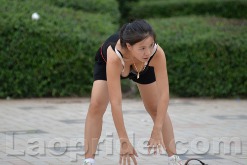 Aerobics on Mekong riverside in Vientiane, Laos