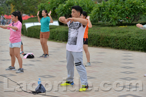 Aerobics on Mekong riverside in Vientiane, Laos