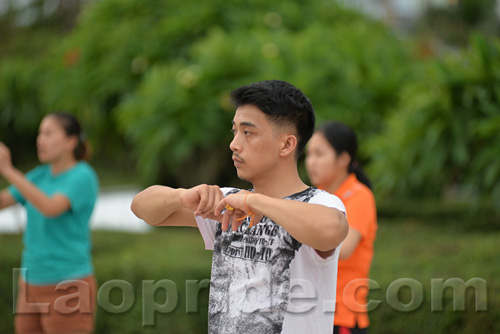 Aerobics on Mekong riverside in Vientiane, Laos