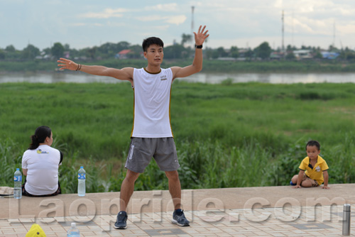 Aerobics on Mekong riverside in Vientiane, Laos