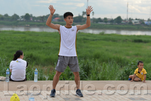 Aerobics on Mekong riverside in Vientiane, Laos